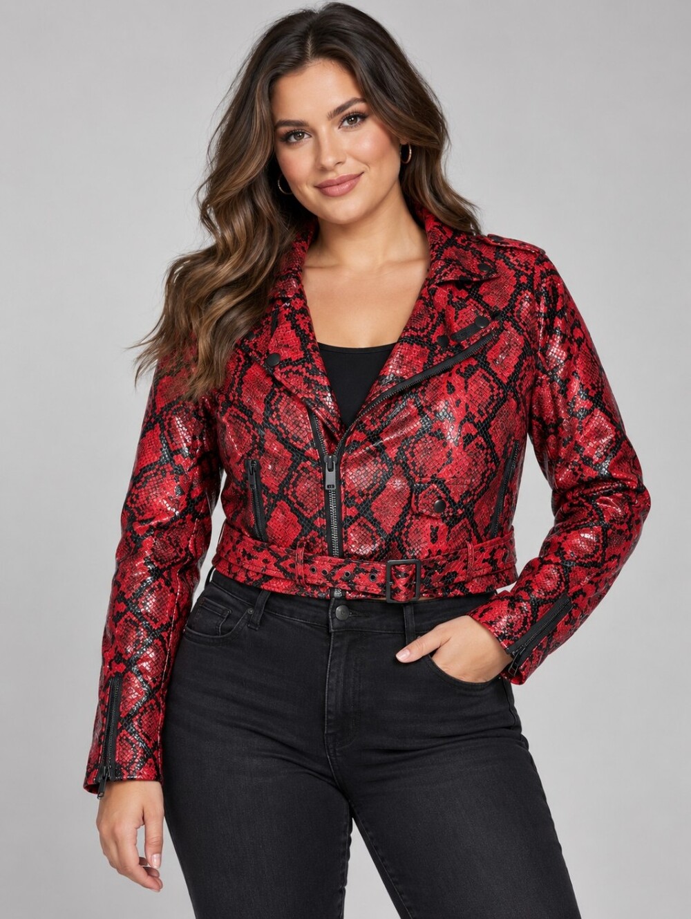 Ashley Outerwear Red Black Snakeskin Faux Leather Moto Jacket Women’s L